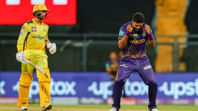 Mumbai: Umesh Yadav of the Kolkata Knight Riders celebrating the wicket of Devon Conway of the Chennai Superkings (PTI) Mumbai: Umesh Yadav of the Kolkata Knight Riders celebrating the wicket of Devon Conway of the Chennai Superkings (PTI)