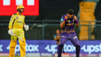 Umesh Yadav of the Kolkata Knight Riders celebrating the wicket of Devon Conway of the Chennai Super Kings (PTI) Umesh Yadav of the Kolkata Knight Riders celebrating the wicket of Devon Conway of the Chennai Super Kings (PTI)