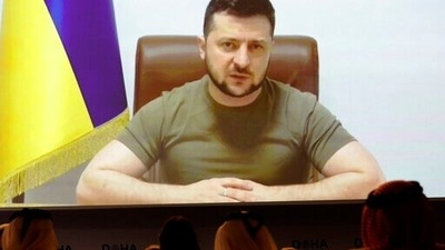 Ukrainian President Volodymyr Zelenskyy speaks via video call to the Doha Forum in Doha, Qatar, on Saturday. (AP photo) Ukrainian President Volodymyr Zelenskyy speaks via video call to the Doha Forum in Doha, Qatar, on Saturday. (AP photo)