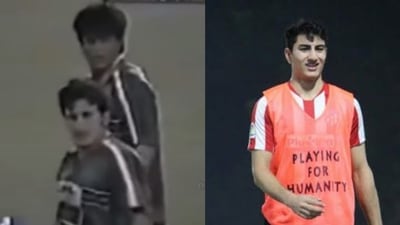 (Left) Saif Ali Khan and Shah Rukh Khan in a sscreengrab from the 1999 charity football game; (Right) Ibrahim Ali Khan playing football in Mumbai earlier this year.