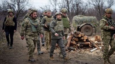 Ukraine's President Volodymyr Zelenskiy visits positions of armed forces near the frontline with Russian-backed separatists during his working trip in Donbass region, Ukraine April 8, 2021. (File photo)&nbsp; (via REUTERS)