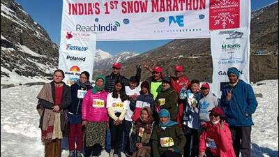 The snow marathon was held at Sissu near the north portal of the Atal Tunnel, Rohtang in Lahaul-Spiti on Saturday. (HT Photo) The snow marathon was held at Sissu near the north portal of the Atal Tunnel, Rohtang in Lahaul-Spiti on Saturday. (HT Photo)