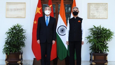 Chinese foreign minister Wang Yi with his Indian counterpart S Jaishankar at Hyderabad House in New Delhi.