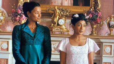 Simone Ashley as Kate Sharma and Charithra Chandran as Edwina Sharma in a scene from Bridgerton that included a reference to Hindustani language. Simone Ashley as Kate Sharma and Charithra Chandran as Edwina Sharma in a scene from Bridgerton that included a reference to Hindustani language.