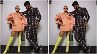 Huma shared a picture with brother Saqib Saleem after walking the ramp together. While Huma held a quirky green colour printed small bag, Saqib looked amazing in a black and white printed suit. (Instagram/@iamhumaq)