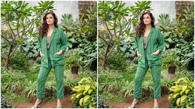 Dia played muse to the fashion designer house Good Earth Indiana and My Peepul and picked a green and grey co-ord set from their wardrobes. (Instagram/@diamirzaofficial)