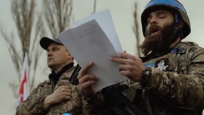 Members of the battalion take oath before joining Ukraine’s armed forces. (Video grab) Members of the battalion take oath before joining Ukraine’s armed forces. (Video grab)
