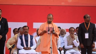 Yogi Adityanath takes oath as the chief minister of Uttar Pradesh for a record straight term, at Lucknow's Ekana Stadium on Friday, March 25, 2022. (Photo by Deepak Gupta/Hindustan Times)