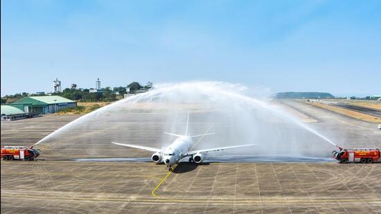 A Boeing P-8I being given a water salute upon arrival at Goa’s INS Hansa naval base. (HT PHOTO.)