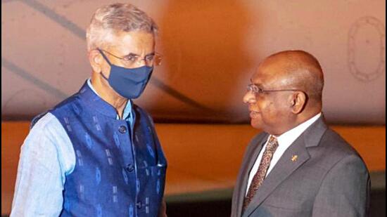 External Affairs Minister S Jaishankar being received by Maldives Foreign Minister Abdulla Shahid on his arrival at Male airport on Saturday. (ANI PHOTO.)