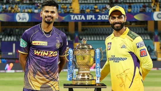 Kolkata Knight Rider's skipper Shreyas Iyer and Chennai Super King's skipper Ravindra Jadeja pose for a picture with the trophy before the 1st match of TATA Indian Premier League 2022(ANI)