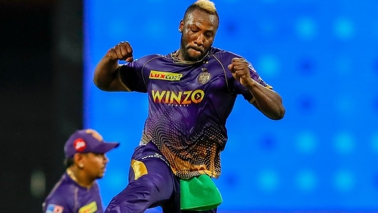 Mumbai: Andre Russell of the Kolkata Knight Riders celebrating the wicket of Shivam Dube of the Chennai Superkings(PTI)