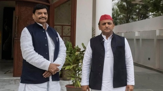 Shivpal Singh Yadav with Samajwadi Party president Akhilesh Yadav.&nbsp;(HT file)