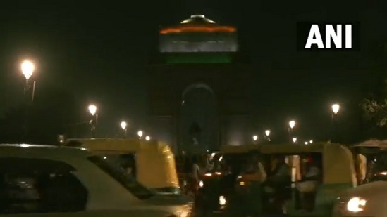 The iconic India Gate in New Delhi goes dark to mark Earth Hour on Saturday, March 26, 2022. (ANI Photo)
