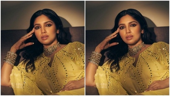 Bhumi played muse to the fashion designer house Tamanna Punjabi Kapoor and picked a yellow embroidered kaftan for the pictures.(Instagram/@bhumipednekar)