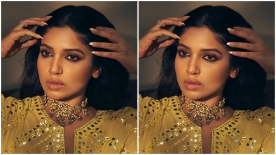 Bhumi’s yellow kaftan came intricately detailed in silver mirror work and a tie-around detail near to the waist.(Instagram/@bhumipednekar)