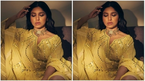 Styled by fashion stylist Pranita Shetty, Bhumi wore her tresses open with a middle part and decked up in nude eyeshadow, black eyeliner, mascara-laden eyelashes, black kohl, contoured cheeks and a shade of nude lipstick.(Instagram/@bhumipednekar)