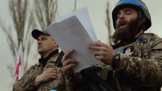 Members of the battalion take oath before joining Ukraine’s armed forces.(Video grab)