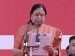 Baby Rani Maurya taking oath as a minister in the Yogi Adityanath cabinet.
