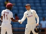 West Indies' Kraigg Brathwaite and England's Joe Root shake hands after the match&nbsp;