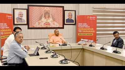 Uttar Pradesh chief minister Yogi Adityanath addresses during the virtually inauguration of flight connectivity from Gorakhpur to Varanasi, in Lucknow on Saturday. (Agency)