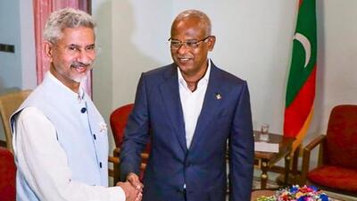 External Affairs Minister S Jaishankar with Maldives President Ibrahim Solih , during their meeting, in Addu City in Maldives on Sunday. (PTI PHOTO.) External Affairs Minister S Jaishankar with Maldives President Ibrahim Solih , during their meeting, in Addu City in Maldives on Sunday. (PTI PHOTO.)