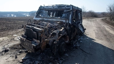 A destroyed Russian Rys armoured vehicle in Trostianets, Ukraine. (Reuters) A destroyed Russian Rys armoured vehicle in Trostianets, Ukraine. (Reuters)