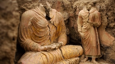 In this photograph, Buddha statues are seen inside an ancient temple in Mes Aynak valley, south of Kabul, Afghanistan. (AP File) In this photograph, Buddha statues are seen inside an ancient temple in Mes Aynak valley, south of Kabul, Afghanistan. (AP File)