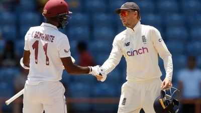 West Indies' Kraigg Brathwaite and England's Joe Root shake hands after the match&nbsp; (Action Images via Reuters)