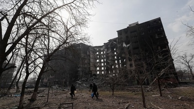 A view shows an apartment building destroyed in the course of Ukraine-Russia conflict in the besieged southern port city of Mariupol, Ukraine.&nbsp; (REUTERS)