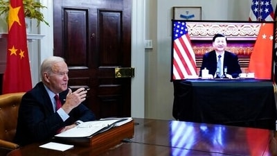 President Joe Biden's virtual meet with Chinese President Xi Jinping from the Roosevelt Room of the White House in Washington. (AP) President Joe Biden's virtual meet with Chinese President Xi Jinping from the Roosevelt Room of the White House in Washington. (AP)