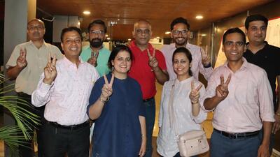 Newly elected governing council team of the Chandigarh Press Club celebrating their win. (Keshav Singh/ HT)