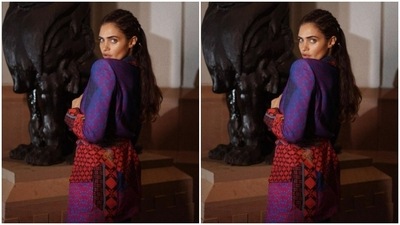Gabriella played muse to fashion designer Manish Malhotra and picked a co-ord set from his wardrobe. (Instagram/@gabriellademetriades)