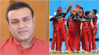 Virender Sehwag; RCB during IPL 2021. (Twitter/IPL) Virender Sehwag; RCB during IPL 2021. (Twitter/IPL)