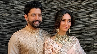 Farhan Akhtar with his wife Shibani Dandekar pose for a picture after their wedding. (Sunil Khandare) Farhan Akhtar with his wife Shibani Dandekar pose for a picture after their wedding. (Sunil Khandare)