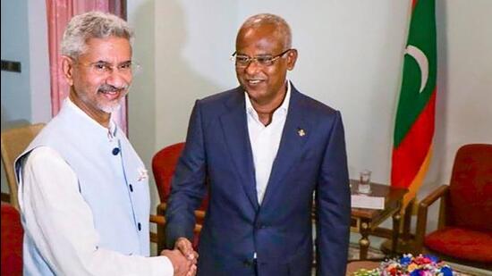 External Affairs Minister S Jaishankar with Maldives President Ibrahim Solih , during their meeting, in Addu City in Maldives on Sunday. (PTI PHOTO.)