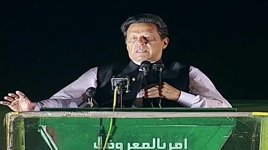 Pakistan prime minister Imran Khan addresses a public rally as he battles to save his post in the wake of a no-confidence motion by the Opposition, in Islamabad on Sunday.&nbsp;(ANI/PTV Grab)