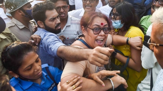 Kolkata: Police personnel attempt to detain members of all Trade Union (Congress and Left Front) in support of a nationwide strike, in Kolkata.(PTI)