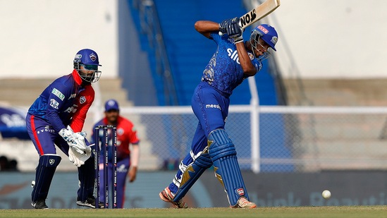 N. Tilak Varma of Mumbai Indians plays a shot, during the second T20 cricket match of the Indian Premier League 2022(PTI)