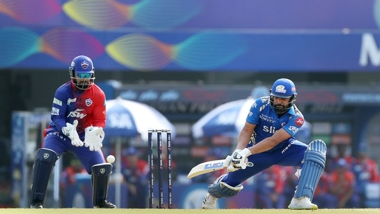 Rohit Sharma of Mumbai Indians plays a shot, during the second T20 cricket match of the Indian Premier League 2022(PTI)