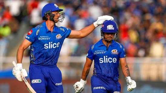 Ishan Kishan of Mumbai Indians at the end of first innings, during the second T20 cricket match of the Indian Premier League 2022(PTI)