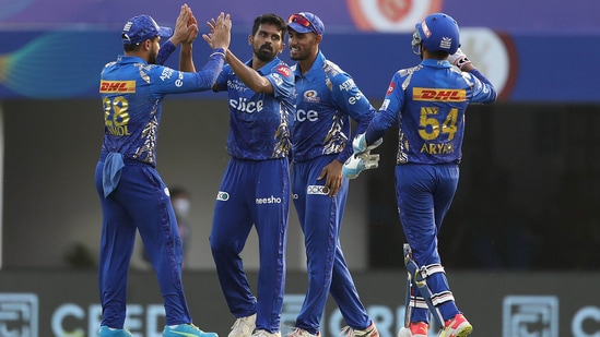 Murugan Ashwin of Mumbai Indians celebrates the wicket of Mandeep Singh of Delhi Capitals, during the second T20 cricket match of the Indian Premier League 2022(PTI)