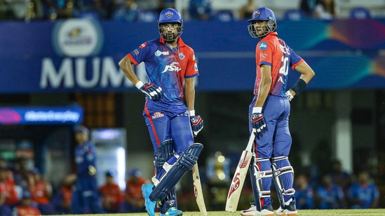 Lalit Yadav and Axar Patel of Delhi Capitals, during the second T20 cricket match of the Indian Premier League 2022(PTI)