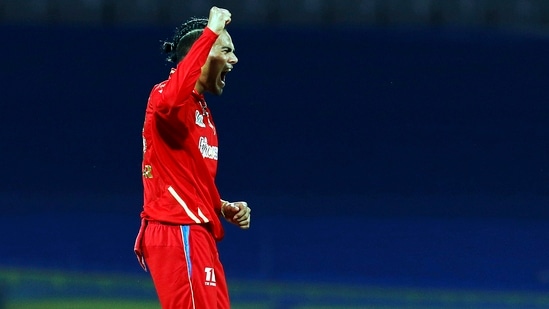 Rahul Chahar of Punjab Kings celebrates the wicket of Anuj Rawat of Royal Challengers Bangalore(PTI)