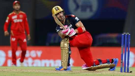 Faf Du Plessis, captain of Royal Challengers Bangalore, plays a shot against Punjab Kings(PTI)