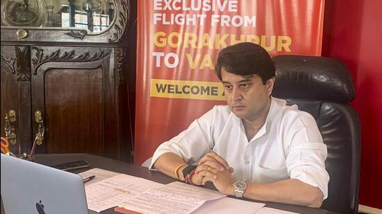 Union civil aviation minister Jyotiraditya Scindia inaugurates a flight between Gorakhpur and Varanasi, in New Delhi. (PTI)
