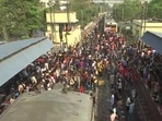 West Bengal | Members from the Left Front gather in huge numbers & block railway tracks at Jadavpur Railway Station in Kolkata, in view of the 2-day nationwide strike called by different trade unions.(ANI)