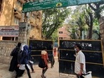 Karnataka SSLC Exams 2022: Several students were seen being asked to remove the Hijab before entering examination halls.(HT Photo) Karnataka SSLC Exams 2022: Several students were seen being asked to remove the Hijab before entering examination halls.(HT Photo)