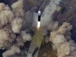An overview of what state media reports is the launch of the "Hwasong-17" intercontinental ballistic missile (ICBM) in this undated photo released on Friday by North Korea's Korean Central News Agency (KCNA). KCNA via REUTERS