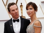 Benedict Cumberbatch and wife Sophie Hunter pose on the red carpet during the Oscars arrivals at the 94th Academy Awards.